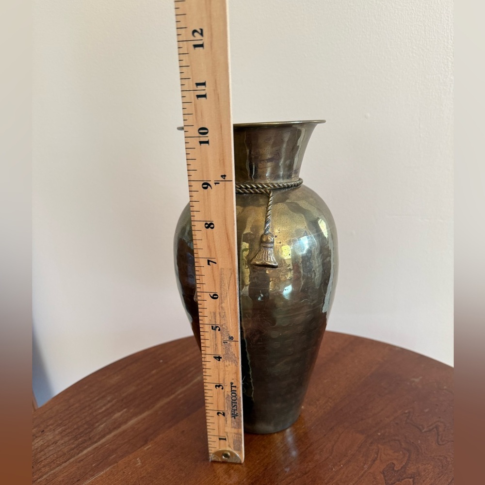 Vintage Hammered Brass Vase with Braided Rope & Tassel Accents Home Decor 10” - Picture 5 of 7